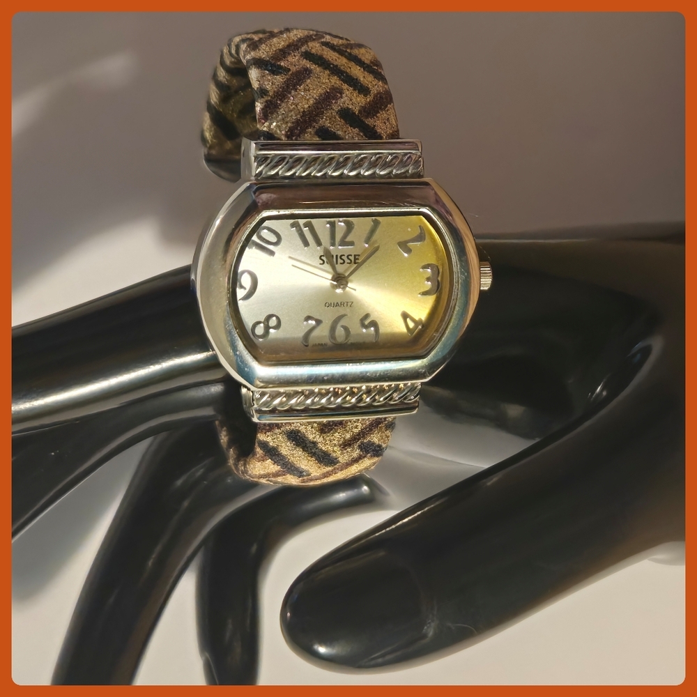 Cuff Watch with Sparkly Band Gold and Brown Patterned by Suisse